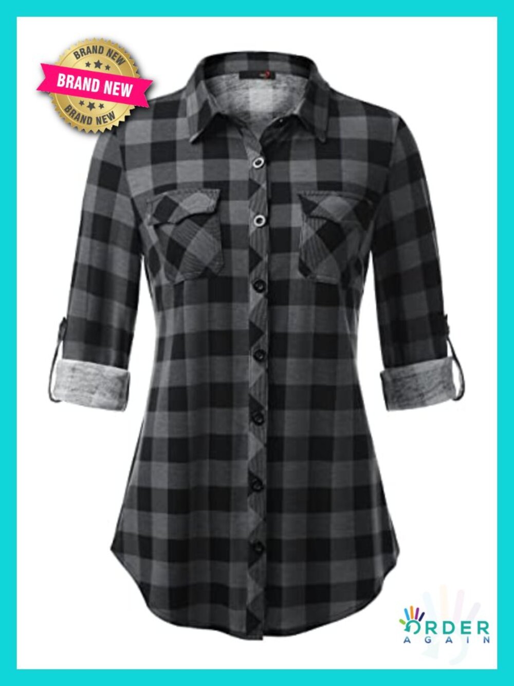 Soft Stretchy Plaid Button Down Shirt Long Sleeve Roll Up Boyfriend Style